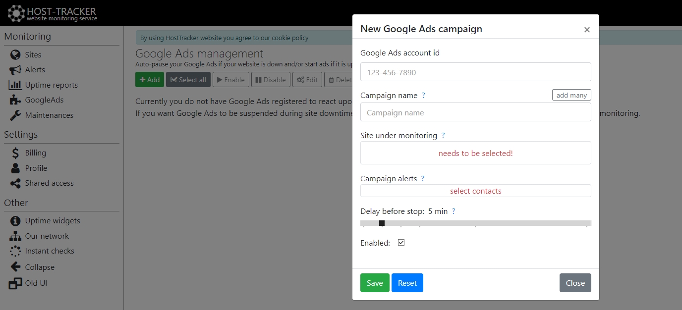 Website monitoring and Google Ads controls